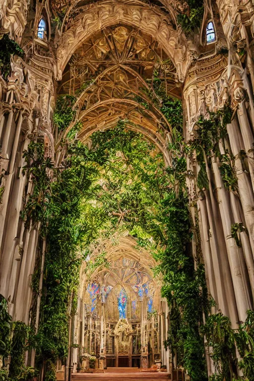 Prompt: photo inside a cathedral overgrown by lush plants, ornate highly detailed intricate