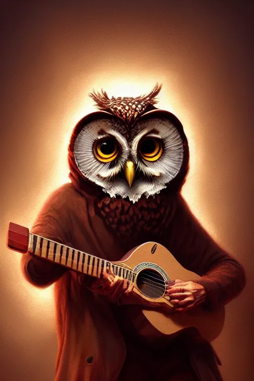 Prompt: portrait of an anthropomorphic owl playing the guitar, dramatic lighting, highly detailed, digital painting, artstation, concept art, smooth, sharp focus, illustration, art by wlop, mars ravelo and greg rutkowski