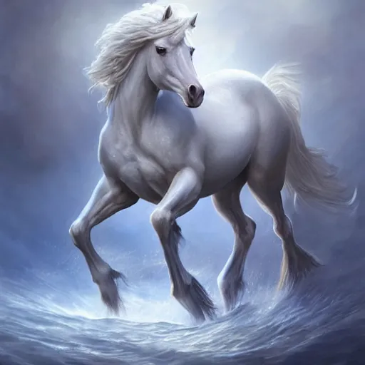 Prompt: a fantastical small horse made of water, liquid, fluid and foam, ethereal, noble, radiant, hyperalism, scottish folklore, digital painting, artstation, concept art, smooth, 8 k frostbite 3 engine, ultra detailed, art by artgerm and greg rutkowski and magali villeneuve