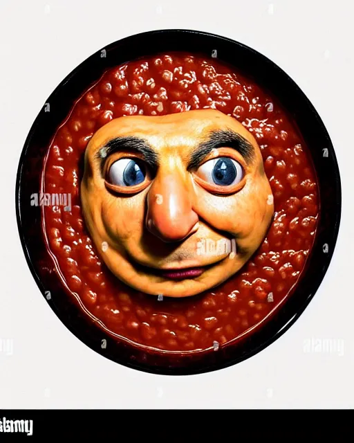 Image similar to portrait of mr bean's face in a bowl full of baked beans, face covered in beans and tomato sauce, beans in his eyes sockets, pile of beans on his head, baked beans instead of his eyes, mouth wide open and full of baked beans, overflowing with baked beans, rowan atkinson, muted colors, surrealist oil painting, highly detailed