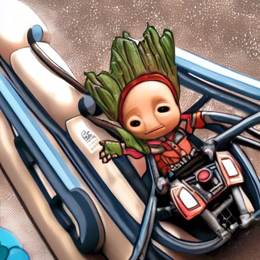 Image similar to baby groot riding a roller coaster