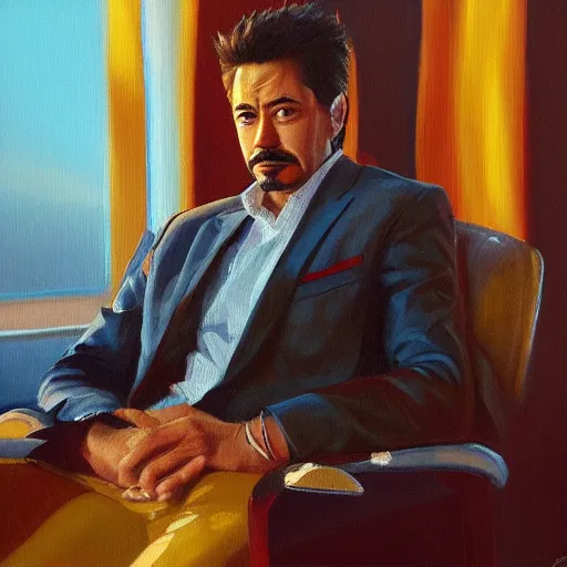 Image similar to detailed oil painting of tony stark sitting in an armchair in a room with the setting sun, by jama jurabaev, golden hour