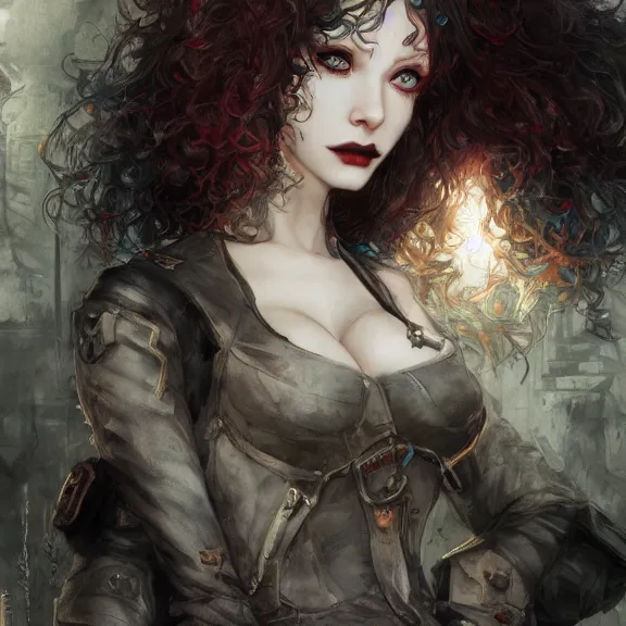 Image similar to christina hendricks!!! goth, tankoban, 4 k, tone mapping, akihiko yoshida, james jean andrei riabovitchev marc simonetti, yoshitaka amano, long hair, curly, h. hydrochaeri