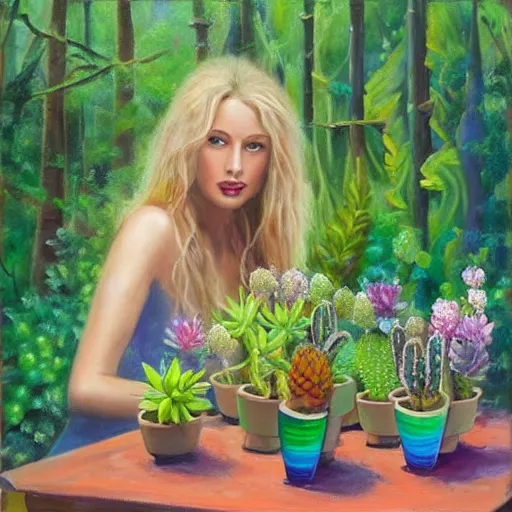 Image similar to painting by Tony Sart of a beautiful blonde woman with shoulder length hair in a forest green dress putting colorful succulents into rainbow pots at a square table