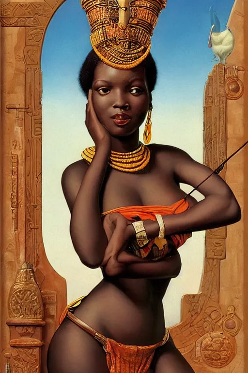 Prompt: an african goddess queen in 2 3 0 0 by gil elvgren and norman rockwell and rob gonsalves and hajime sorayama, hyperrealistic, high detail