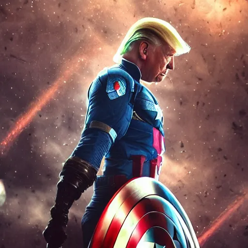 Image similar to of donald trump as captain america, iridescent, beautiful, technological, galactic, hyper-detailed, mega-detailed, realistic, cinematic, octane render, concept art, dark, cosmic, ominous, dramatic, lovecraftian, symmetric, swords, colorful and dark