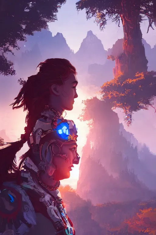 Image similar to combination suit armor aloy horizon forbidden west horizon zero dawn radiating a glowing aura global illumination ray tracing hdr fanart arstation by ian pesty and alena aenami artworks in 4 k tribal robot ninja mask helmet backpack