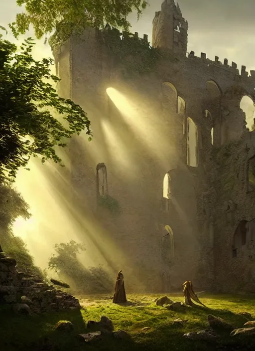 Image similar to beautiful medieval castle ruins, mist, sunrays, dust in the air, dnd character, unreal engine, octane render, dramatic lighting, pond, digital art, by stanley artgerm lau, greg rutkowski, thomas kindkade, alphonse mucha, loish, norman rockwell,