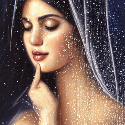 Prompt: beautiful Arab woman, white transparent veil black hair, showering in a waterfall, swimming, ethereal, emotive, fine art, water mist, mystical, Romanticism, natural light, cinematic lighting, ultra detailed, highly detailed, sharp focus, golden background with flowers, golden jewelry with blue sapphires, photographic, art by artgerm and greg rutkowski and zdislav beksinski