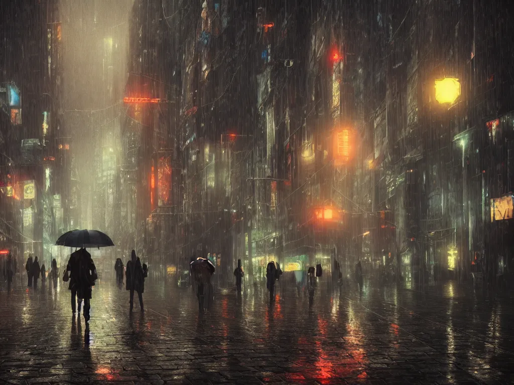 Prompt: Rainy atmosphere with people wearing umbrellas, cinematic, volumetric lighting, dramatic colors, hdr, photorealistic, trending on artstation, centered, intricate details, 4k, high-detail, high contrast, cyberpunk style, 8k