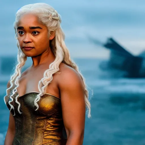 Image similar to tatyana ali as daenerys targaryen golden hour cinematic