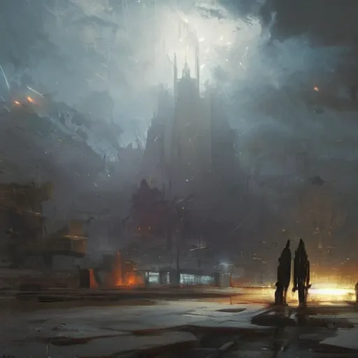 Image similar to world coming to an end, dramatic lighting, Greg Rutkowski and Craig Mullins