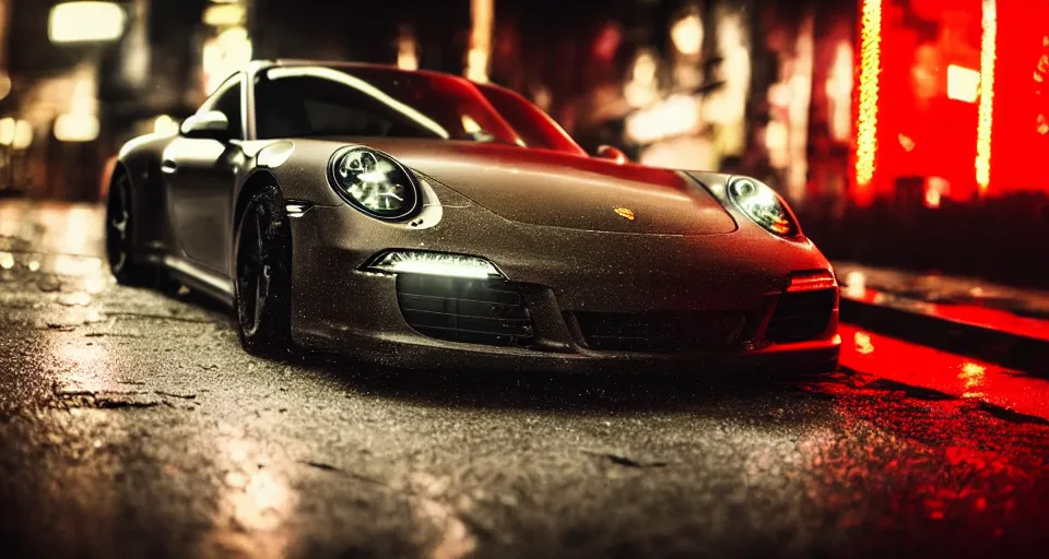 Image similar to close up macro shot of a porsche 9 1 1 car on wet city street at night, intricate, hyper detailed, smooth, high contrast, neon, volumetric lighting, octane, moebius, greg rutkowski, blade runner, ripley scott, cindmatic