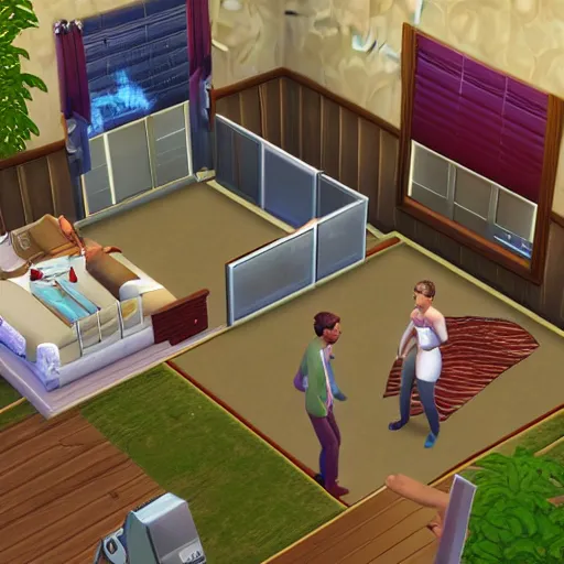 Prompt: screenshot of sims stuck in room, on fire, panic