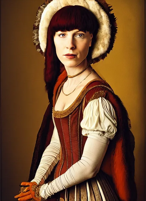 Image similar to portrait of young woman in renaissance dress and renaissance headdress, style by the fifth element