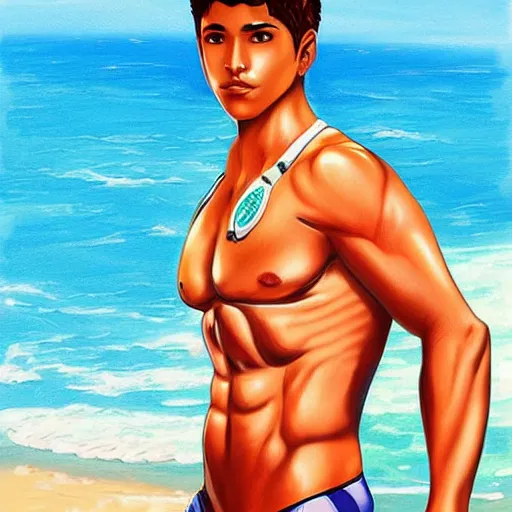 Image similar to A Buff Young Latino Male Lifeguard at the Beach, short black hair, brown eyes, slight smile, art by Artgerm, artstation