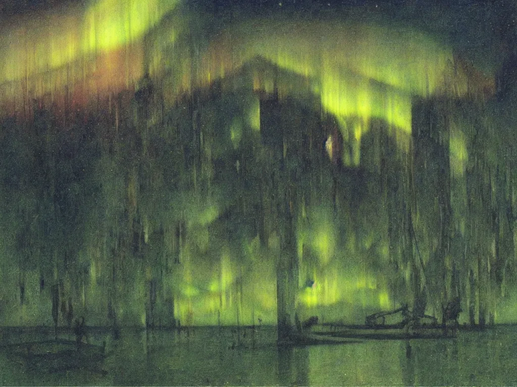 Prompt: painting by mikalojus konstantinas ciurlionis, bosch, arnold bocklin. island of the dead, aurora borealis