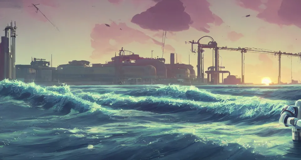 Prompt: A very beautiful serene coastal landscape scene with a GIANT INDUSTRIAL OIL RIGGING FACTORY looming in the distance, bright SUNSET waves splashing on the beach, rendered by simon stålenhag, rendered by Beeple, Makoto Shinkai, syd meade, environment concept, digital art, starwars, Gundam Style, unreal engine, 3 point perspective, WLOP, trending on artstation, low level, 4K UHD image, octane render,