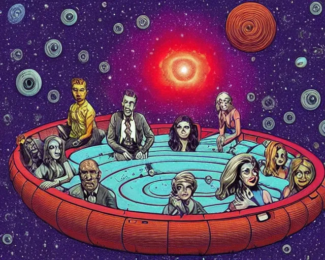 Image similar to the cast of izombie floating in a spiral galaxy, cosmic horror painting, elegant intricate digital painting artstation concept art by basil wolverton by robert crumb by william eggleston detailed