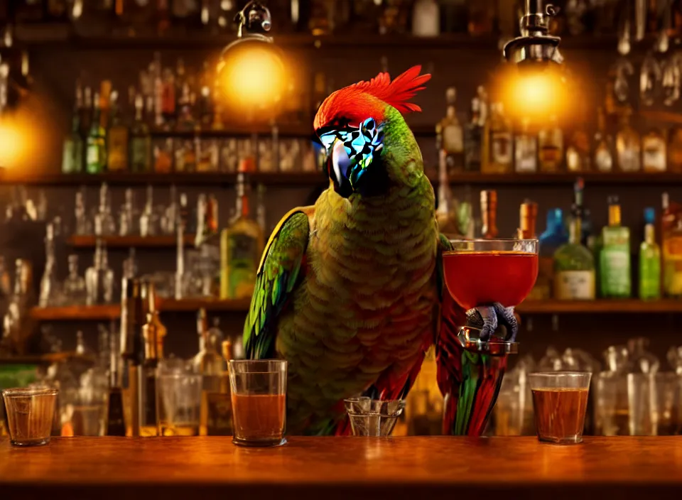 Prompt: anthropomorphic parrot as a bartender behind a bar, dimly-lit cozy tavern, fireplace, 8k octane beautifully detailed render, post-processing, trending on artstation, very detailed, vibrant colors