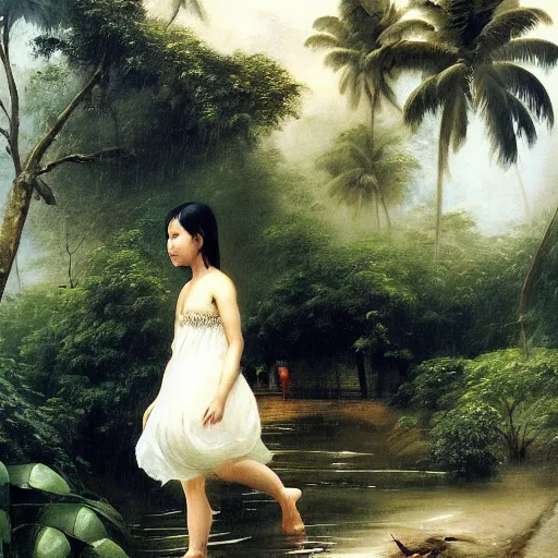 Image similar to monsoon on tropical island, endowed oriental girl in white, frontal, ornate, beautiful, atmosphere, vibe, mist, coconuts, rain, wet, pristine, puddles, melting, dripping, snow, creek, lush, ice, bridge, forest, roses, flowers, by stanley artgerm lau, greg rutkowski, francisco de goya