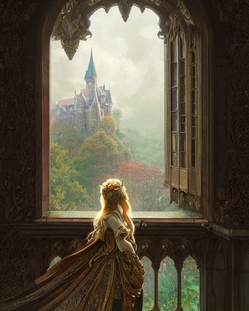 Prompt: a solemn fair princess gazing out castle window, fantasy character portrait, fall woodland, ultra realistic, intricate, elegant, highly detailed, digital painting, artstaion, smooth, sharp, focus, illustration, art by artgerm and greg rutkowski and alphonse mucha