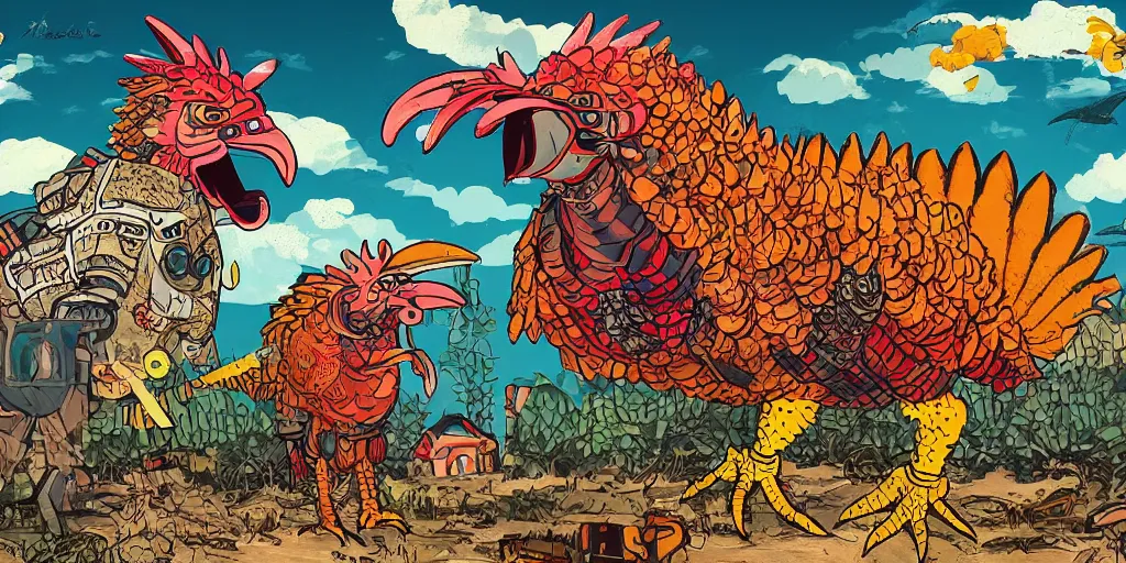 Image similar to colorful illustration of a fully armoured fighting rooster kaiju in a farm, mix of styles, dieselpunk, wes anderson color scheme
