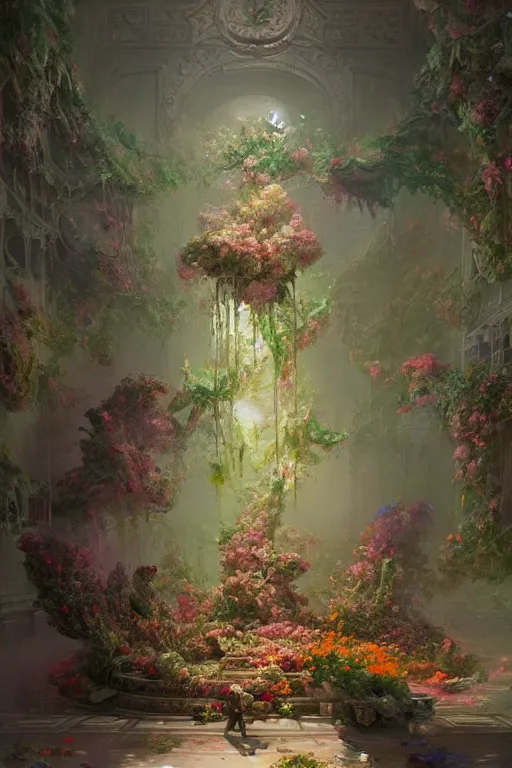 Prompt: a beautifull intricate victorian room with flowers, intricate detailed color smashing fluid oilpaint, 3 d render, hyper realistic detailed, color leaves, ruan jia, wlop. scifi, fantasy, hyper detailed, octane render, concept art, by peter mohrbacher, by wlop, by ruan jia