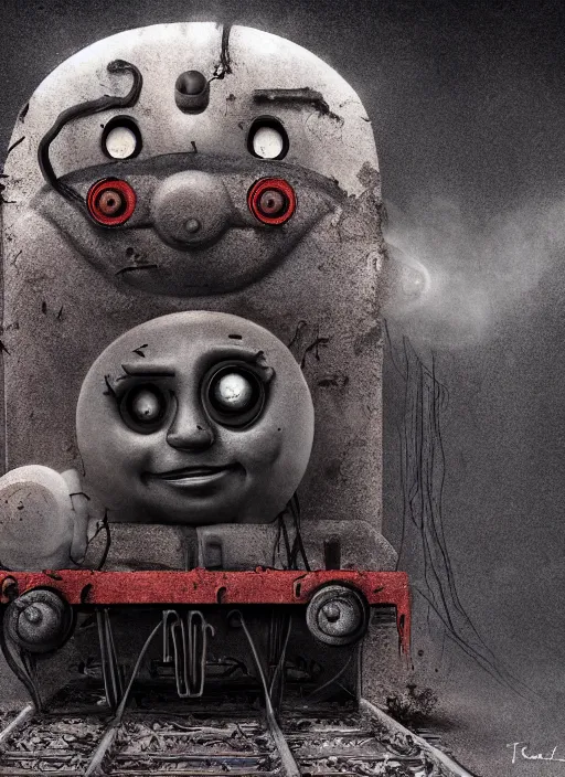 Image similar to thomas the tank engine in style of zdzisław beksinski, extremely dramatic lighting, 8 k, tendrils, black, darkness, black slime tendrils, infected, rust, body horror, thomas the train, thomas the tank engine face, horror,