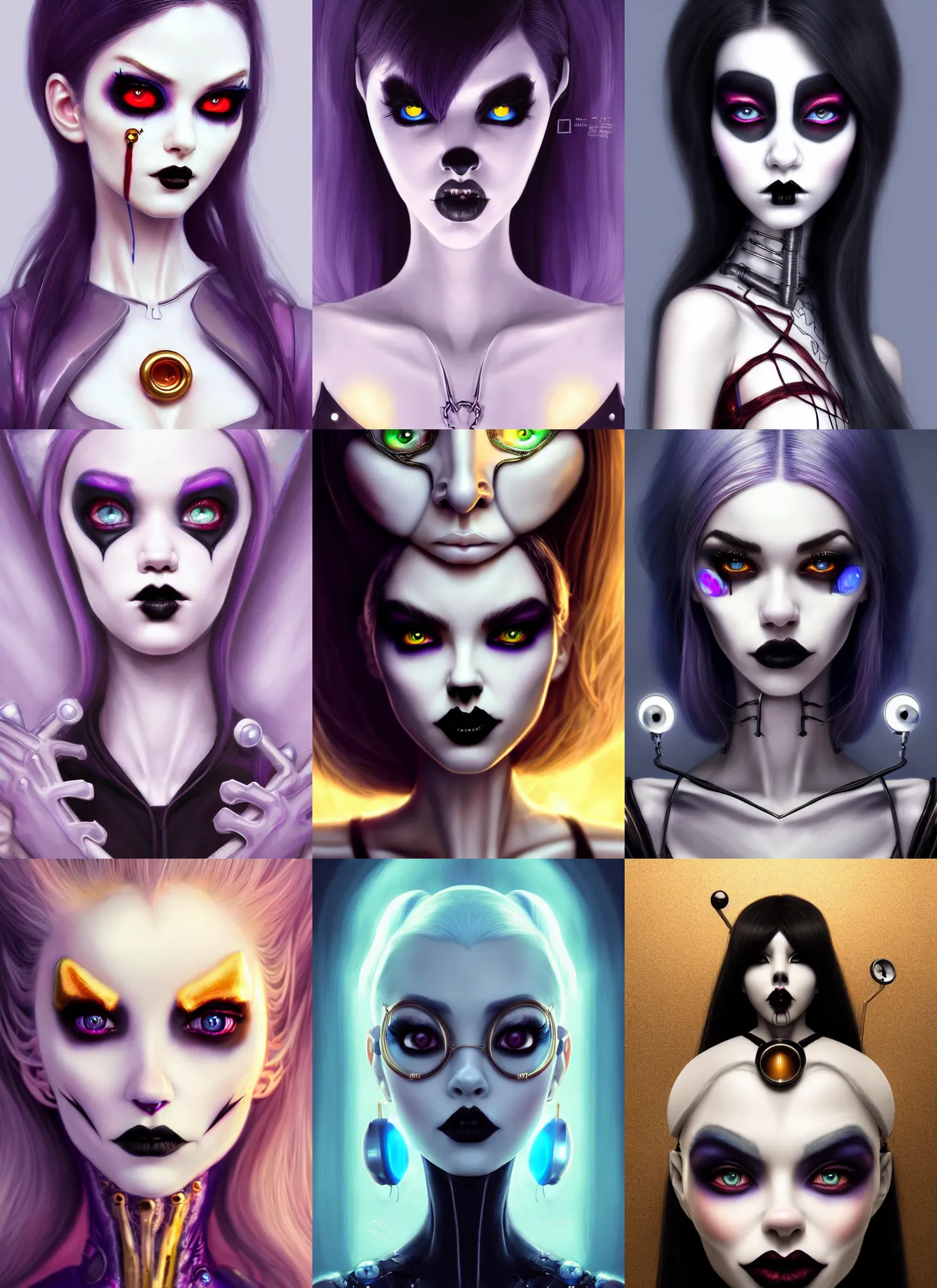 Prompt: pixar portrait, beautiful porcelain white edc clowncore goth devil madison beer cyborg woman, golden ratio, refractive, sci - fi, fantasy, cyberpunk, intricate, elegant, highly detailed, digital painting, ever after high, octane render, artstation, concept art, smooth, sharp focus, illustration, art by artgerm, loish, wlop