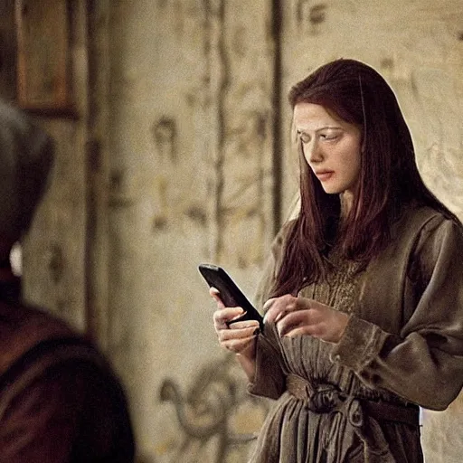 Prompt: scene from a 2 0 1 0 film set in 1 3 0 0 showing a woman checking her mobile phone