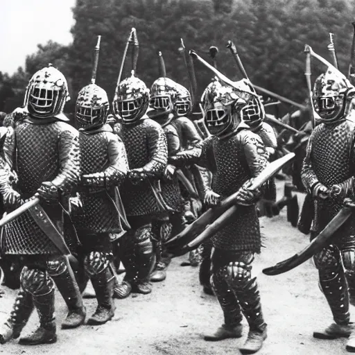 Prompt: a photo taken on a phone of a group of pike men wearing helmets getting ready to charge into battle.