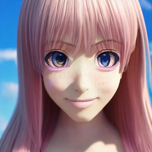 Image similar to Render of a beautiful 3d anime woman holding a birthday cake to show the camera, long light pink hair, full bangs, hazel eyes, cute freckles, full round face, smug smile, Chinese heritage, cute checkerboard sundress, golden hour, serene beach setting, medium shot, mid-shot, hyperdetailed, trending on Artstation, Unreal Engine 4k