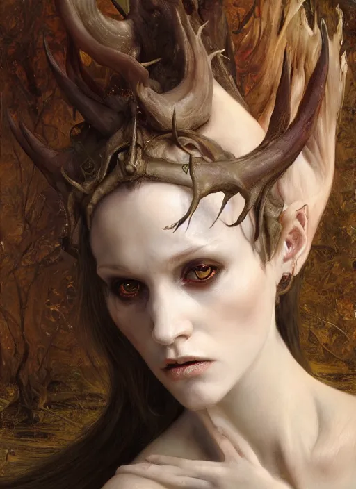 Image similar to half demon half human intricate skin ivory plastic, elegant, peaceful, full body, horns, hyper realistic, extremely detailed, dnd character art portrait, fantasy art, intricate fantasy painting, dramatic lighting, vivid colors, deviant art, artstation, by edgar maxence and caravaggio and michael whelan and delacroix.