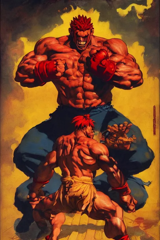 Prompt: Movie poster of Street Fighter, Akuma, by frank frazetta, ilya repin, 8k, hd, high resolution print