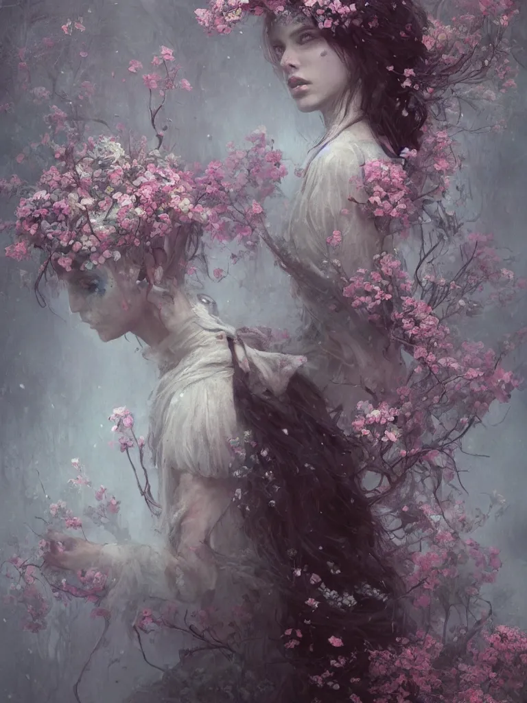 Prompt: a beautiful terrifying girl made of flowers. ethereal horror fantasy art by greg rutkowski and magali villanueve and monet, concept art, smooth, cinematic lighting, 8 k resolution