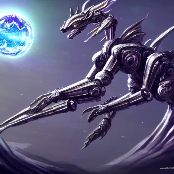 Image similar to goddess shot, galactic sized stunning beautiful anthropomorphic robot mecha female dragon, in space, larger than planets, holding the earth, the earth a mere marble in her claws, detailed silver armor, epic proportions, epic scale, detailed digital art, furry, macro art, dragon art, giantess, warframe fanart, furaffinity, deviantart, realistic