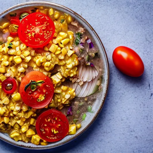 Image similar to A plate of maize porridge with tomato and onion relish, professional photography, 8k, food photography