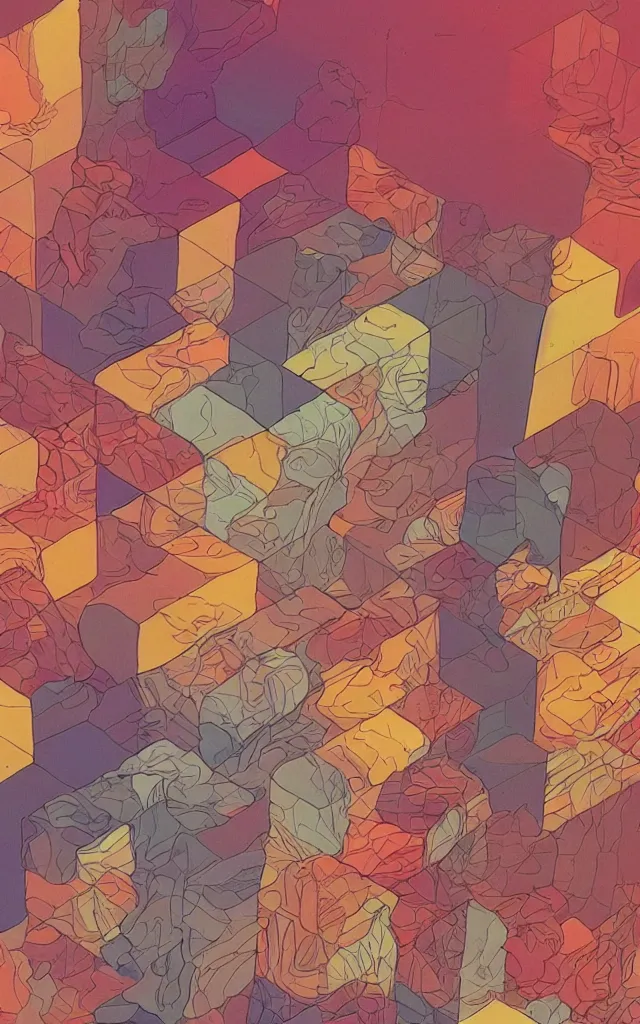 Image similar to cubes and tesseracts. retro art by jean giraud. pastel colors.