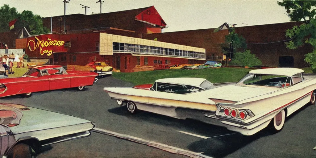 Image similar to 1 9 6 0 s americana painting of a motel with a car parked outside by norman rockwell, panovision