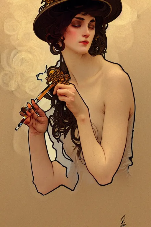 Image similar to Sad woman smoking a gigarette, wearing hat made of smoke and ashes, fantasy, intricate, elegant, highly detailed, digital painting, artstation, concept art, smooth, sharp focus, illustration, art by alphonse mucha and victor vasarely