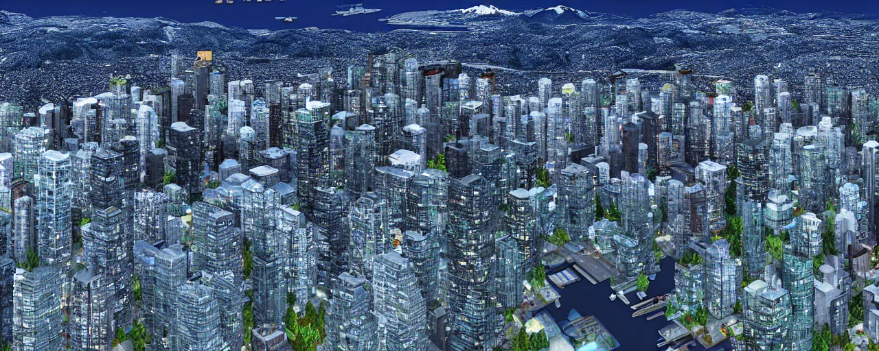 Prompt: vancouver as sim city, tilt shift, volumetric lighting, computer graphics, extremely detailed