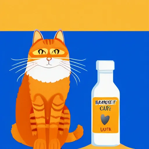 Prompt: a fluffy cat standing next to a bottle of medicine. orange cat. the cat was in a room with yellow background color. animal. digital art. artstation. illustration.