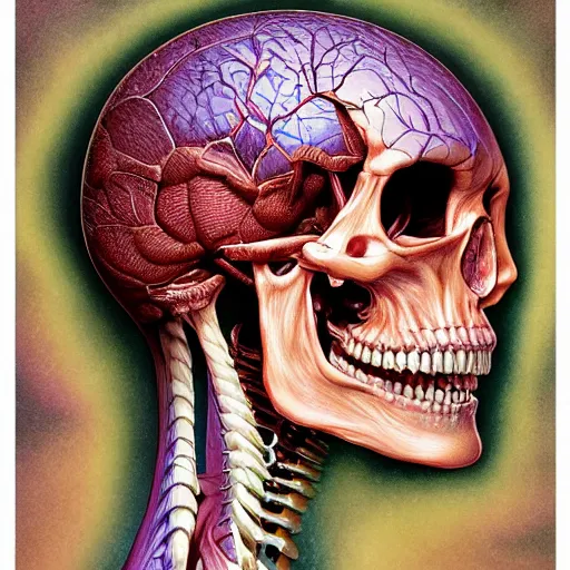 Prompt: nightmare etherreal iridescent vascular nerve bundles pearlescent spinal chord skull horror by Naoto Hattori, Zdzislaw, Norman Rockwell, Studio Ghibli, Anatomical cutaway