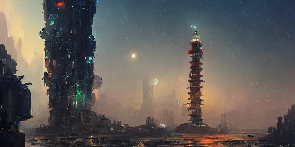 Prompt: concept art of a towering sci - fi lighthouse at the edge of a busy city, grimy, gritty, blade runner 2 0 4 9, trending on artstation, award winning painting, cgi, art by john berkey and anton fadeev and john howe and simon stalenhag