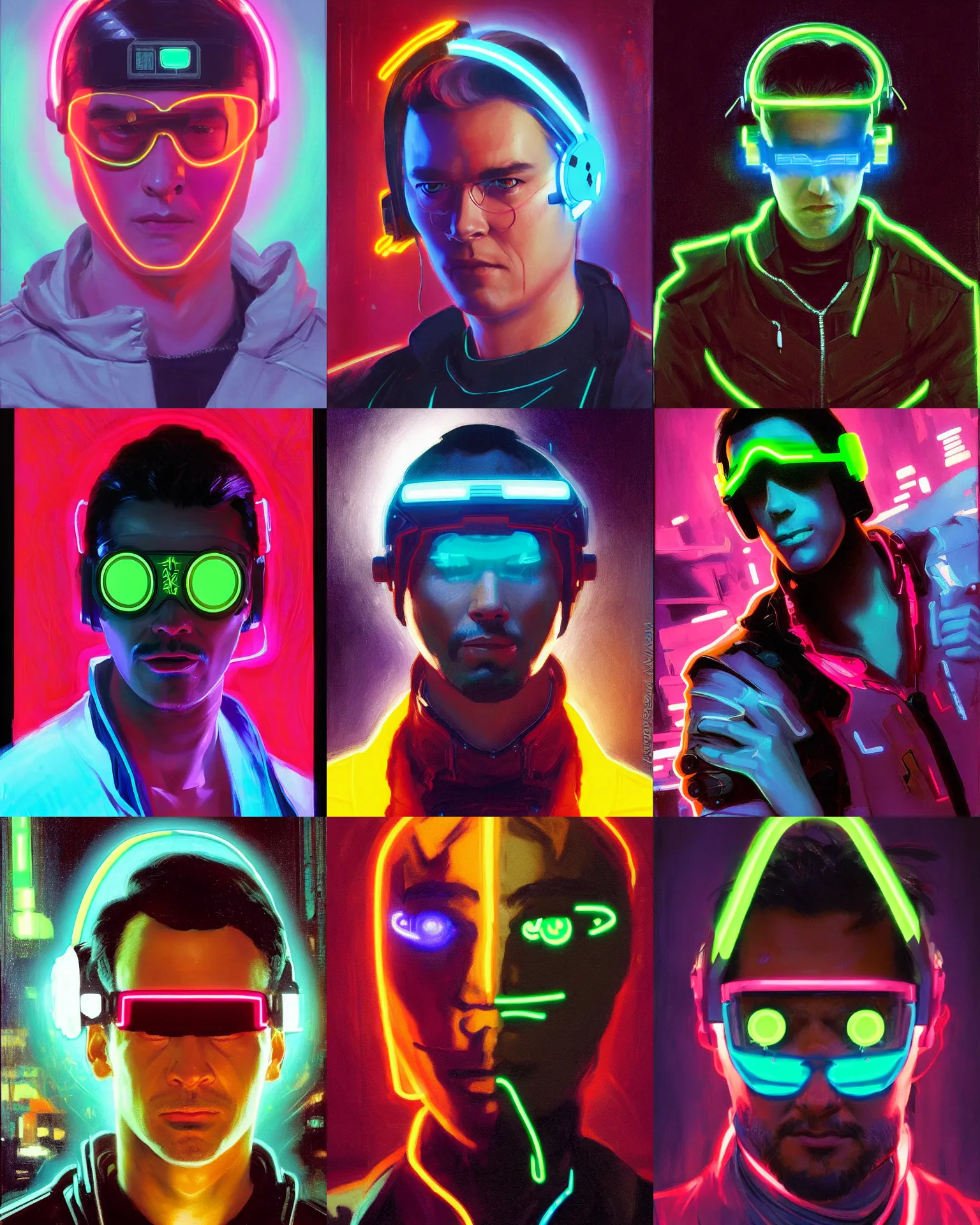 Prompt: neon cyberpunk hacker with glowing geordi visor and headset headshot portrait painting by john singer sargent, kilian eng, john berkley, hayao miyazaki, j. c. leyendecker, mead schaeffer fashion photography
