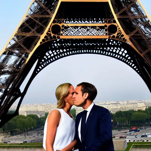 Image similar to gerald darmanin and Emmanuel macron kissing under the eiffel tower