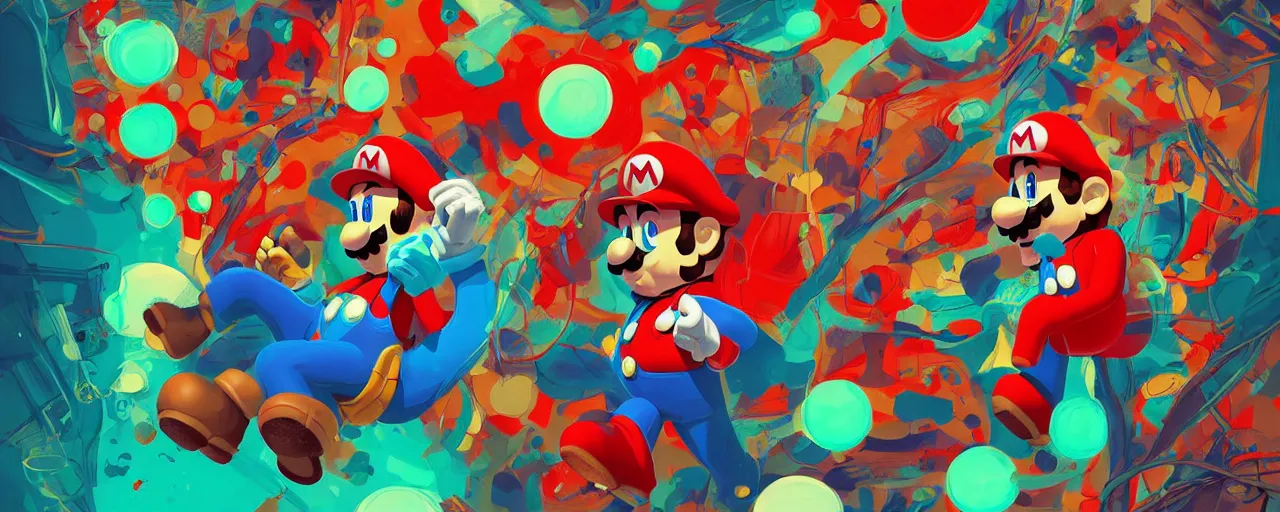 Image similar to duotone red blue green illustration 3 / 4 real life super mario is having psychedelic trip on mushrooms shamanic atmosphere chemical molecules formulas in the background. accidental renaissance fractals. by sachin teng and sergey kolesov and ruan jia and heng z. graffiti art, scifi, fantasy, hyper detailed. octane render. concept art. trending on artstation
