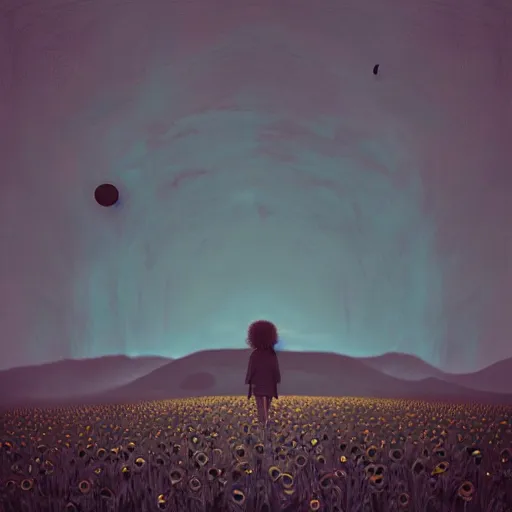 Image similar to giant black sunflower face, girl walking in wheat field, hills, surreal photography, dark night, star trails, dramatic light, impressionist painting, clouds, digital painting, artstation, simon stalenhag