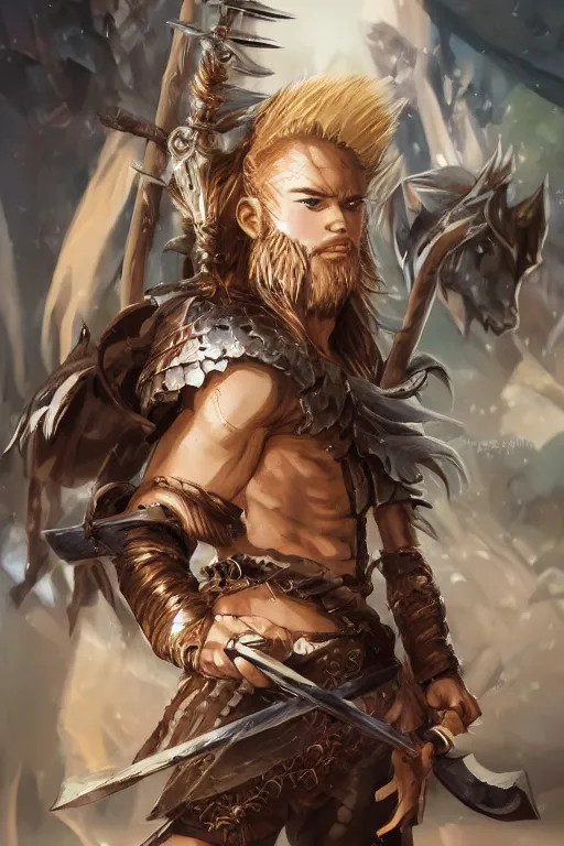 Image similar to A realistic anime portrait of a young handsome male barbarian with long wild hair, intricate fantasy spear, plated armor, D&D, dungeons and dragons, tabletop role playing game, rpg, jrpg, digital painting, by Stanley Artgerm Lau, Sakimichan, WLOP and Rossdraws, digtial painting, trending on ArtStation, SFW version